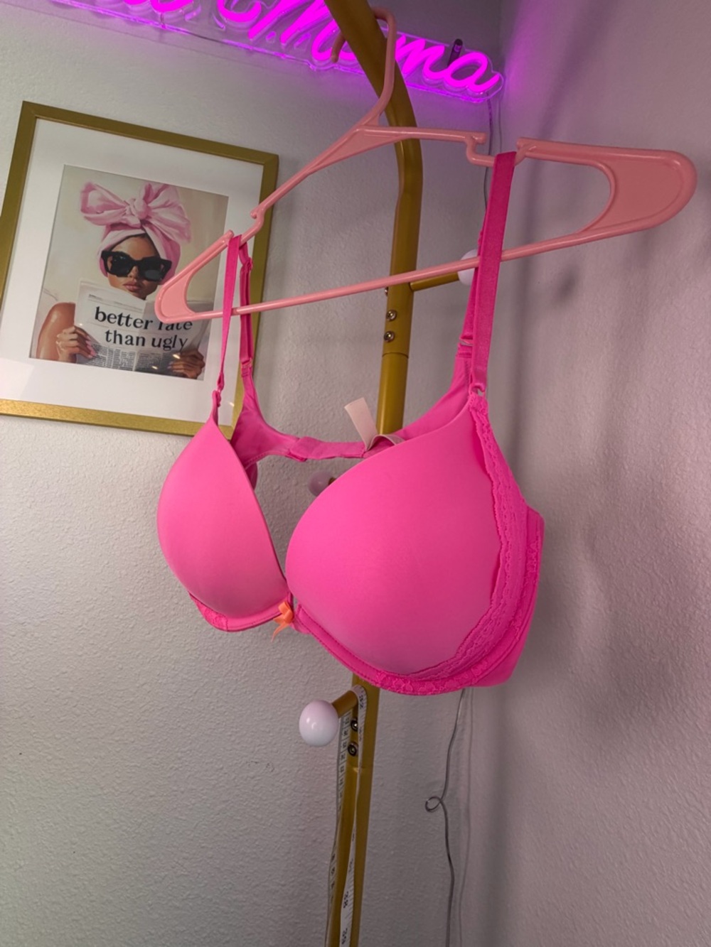 Victoria's Secret Neon Pink Lace-Trim Push-Up Bra